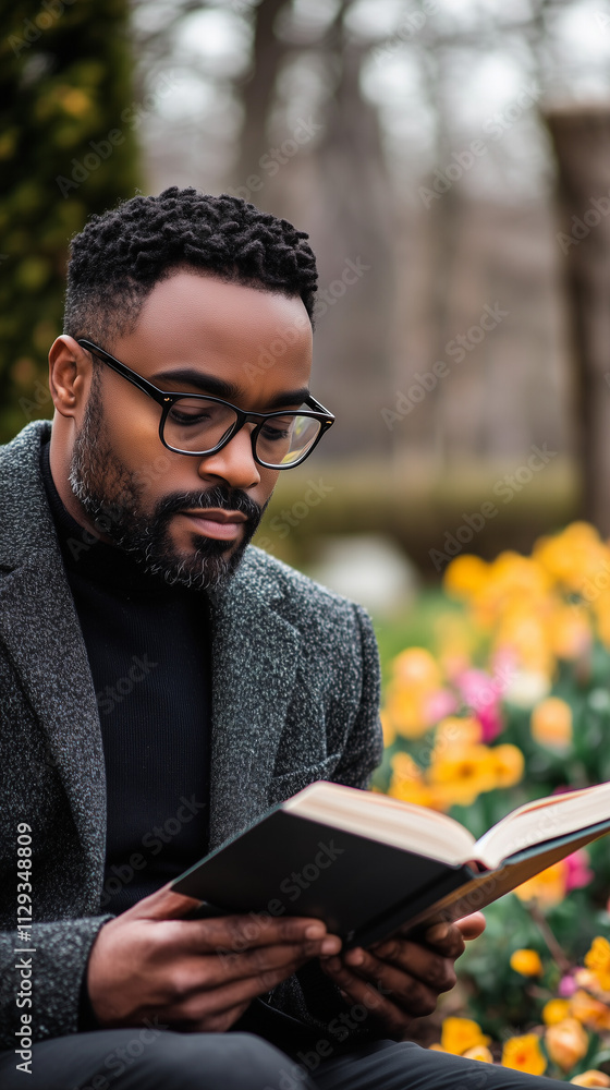African american man reading book outdoors in spring garden surrounded by colorful flowers African american man reading book outdoors in spring garden surrounded by colorful flowers