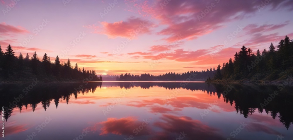 Obraz premium A serene lake reflecting the vibrant colors of a sunset sky with hues of pink and orange, calm waters, sunsets, nature