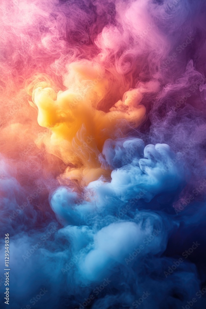 A colorful cloud of smoke appears in the sky, with vibrant colors and wispy tendrils A colorful cloud of smoke appears in the sky, with vibrant colors and wispy tendrils