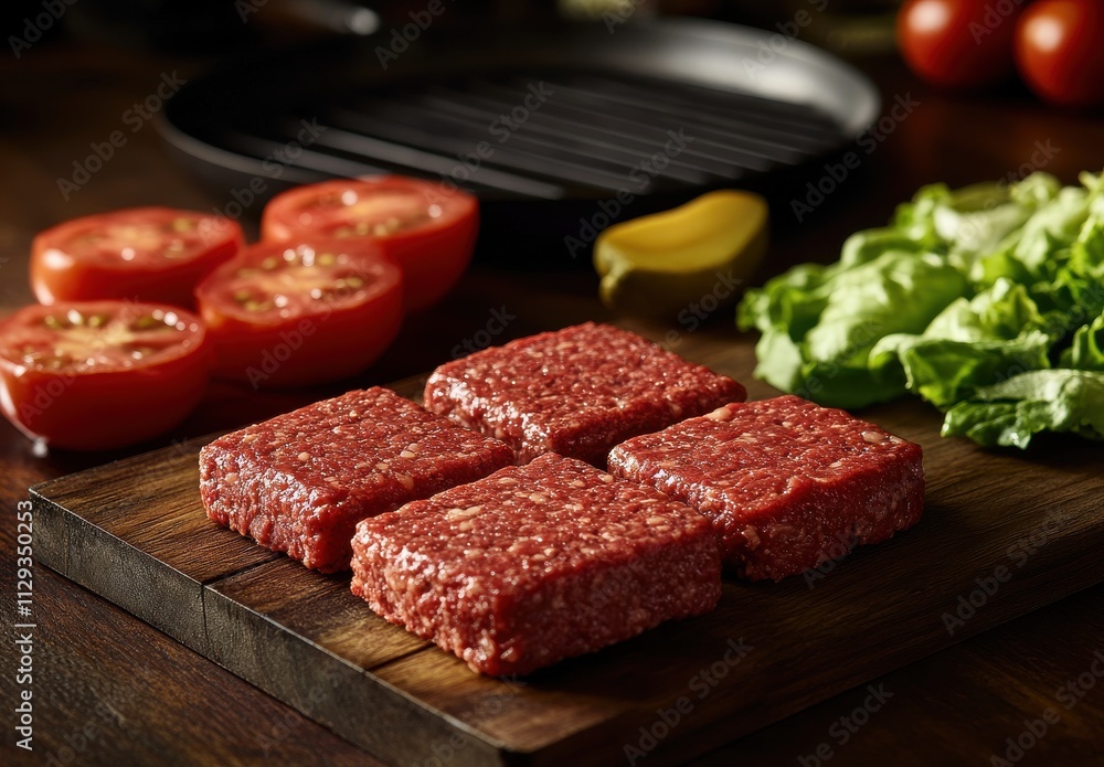 Fresh Raw Ground Beef Patties Arranged Neatly on Wooden Cutting Board Surrounded by Sliced Tomatoes, Lettuce, and Kitchen Equipment Fresh Raw Ground Beef Patties Arranged Neatly on Wooden Cutting Board Surrounded by Sliced Tomatoes, Lettuce, and Kitchen Equipment