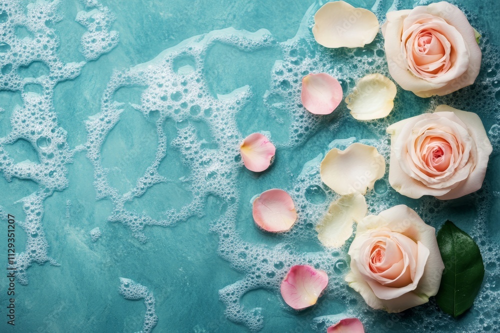 A delicate arrangement of roses and shimmering soap bubbles atop a blue surface, enhanced by an elegant lace accent, perfect for Valentine's Day. A delicate arrangement of roses and shimmering soap bubbles atop a blue surface, enhanced by an elegant lace accent, perfect for Valentine's Day.
