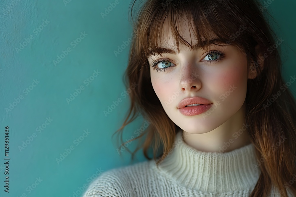 Pretty Model Face, Natural Makeup, Teal Wall Studio Shot Pretty Model Face, Natural Makeup, Teal Wall Studio Shot