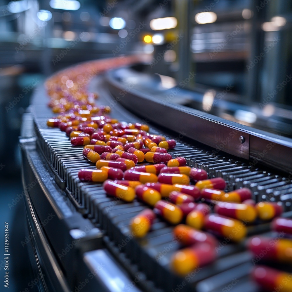 Pharmaceutical capsules on production conveyor Pharmaceutical capsules on production conveyor