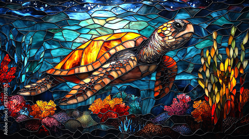 Tranquil Stained Glass Illustration of a Turtle Swimming Through Coral Reefs