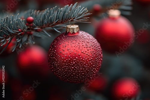 A red ornament hangs from the branches of a decorated Christmas tree photo