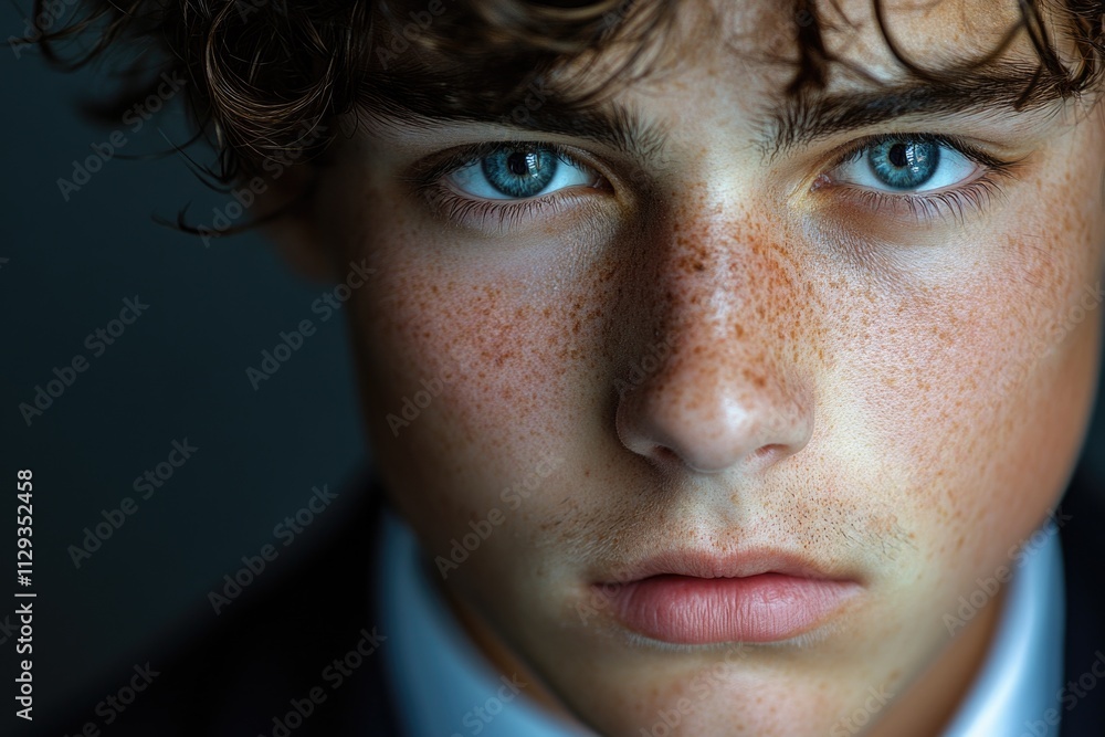 A detailed view of a person's facial features, showcasing their unique freckle pattern A detailed view of a person's facial features, showcasing their unique freckle pattern