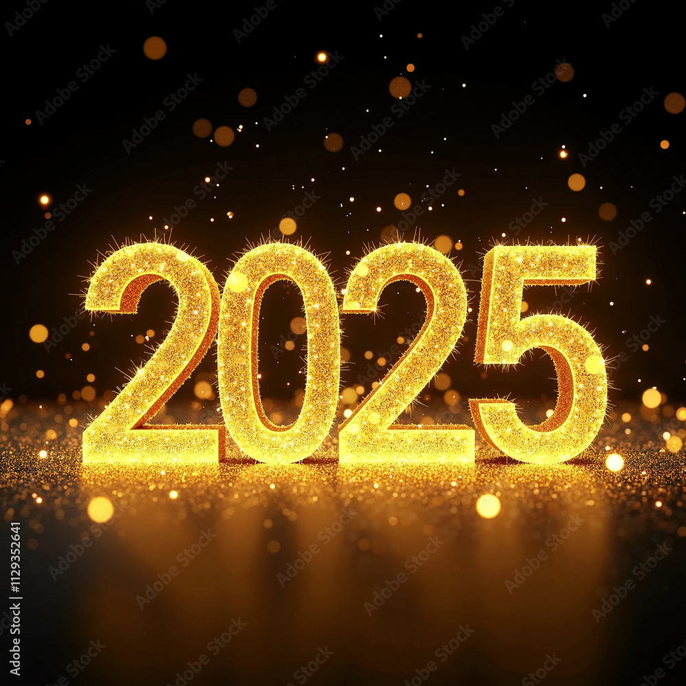 Golden 2025 number with glittering gold accents and lights on black background, ideal for New Year and celebration designs Golden 2025 number with glittering gold accents and lights on black background, ideal for New Year and celebration designs