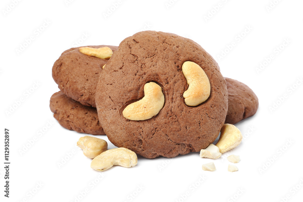 Tasty chocolate cookies with cashew isolated on white Tasty chocolate cookies with cashew isolated on white