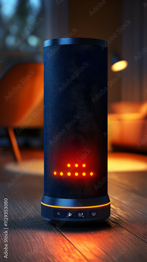 Smart speaker with illuminated base on wooden floor. Smart speaker with illuminated base on wooden floor.
