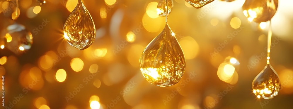 A golden rain of sparkling, shiny particles falling down from the sky, creating an enchanting atmosphere with light reflections on wet surfaces A golden rain of sparkling, shiny particles falling down from the sky, creating an enchanting atmosphere with light reflections on wet surfaces