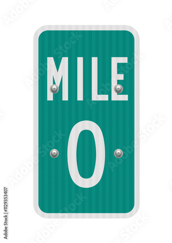 Vector illustration of Mile 0 green road sign with reflector effect