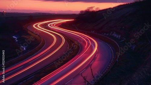 As the sun sets the winding roads through the countryside are adorned with mesmerizing light trails from passing vehicles.