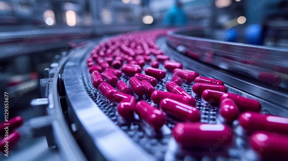 Pharmaceutical capsules on production conveyor Pharmaceutical capsules on production conveyor