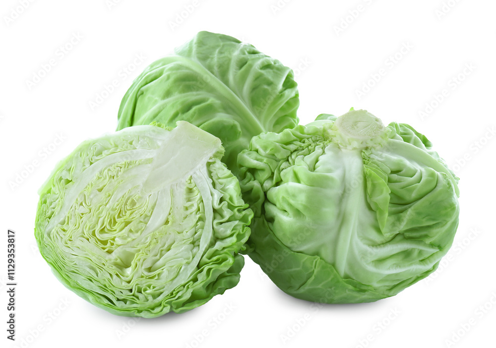 Whole and cut cabbages isolated on white Whole and cut cabbages isolated on white