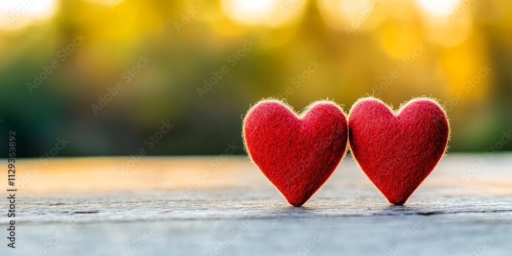 Fototapeta premium Two vibrant red hearts rest on a table, symbolizing love and affection, perfect for Valentine's Day celebrations and romantic gestures.