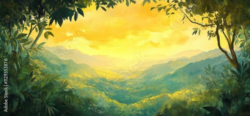 A verdant tropical scene with vivid plants beneath a golden sunset sky.