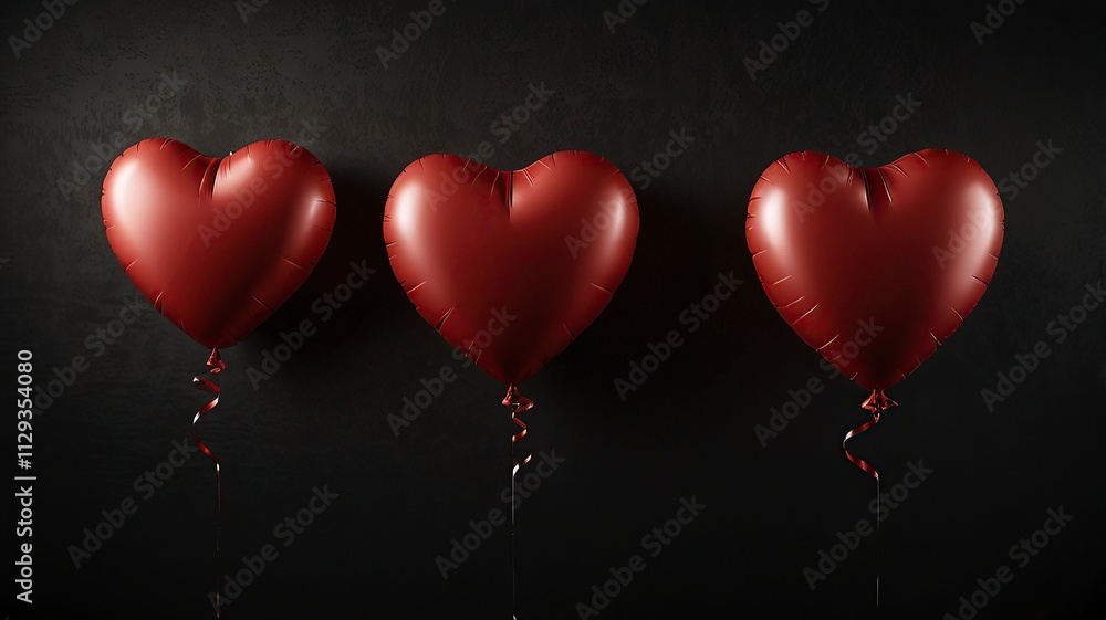Red heart-shaped balloon with a string, floating against a plain Drak background, Red heart-shaped balloon with a string, floating against a plain Drak background,