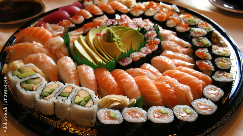 A platter of assorted sushi rolls with fresh fish, avocado, and a drizzle of soy sauce. A platter of assorted sushi rolls with fresh fish, avocado, and a drizzle of soy sauce.