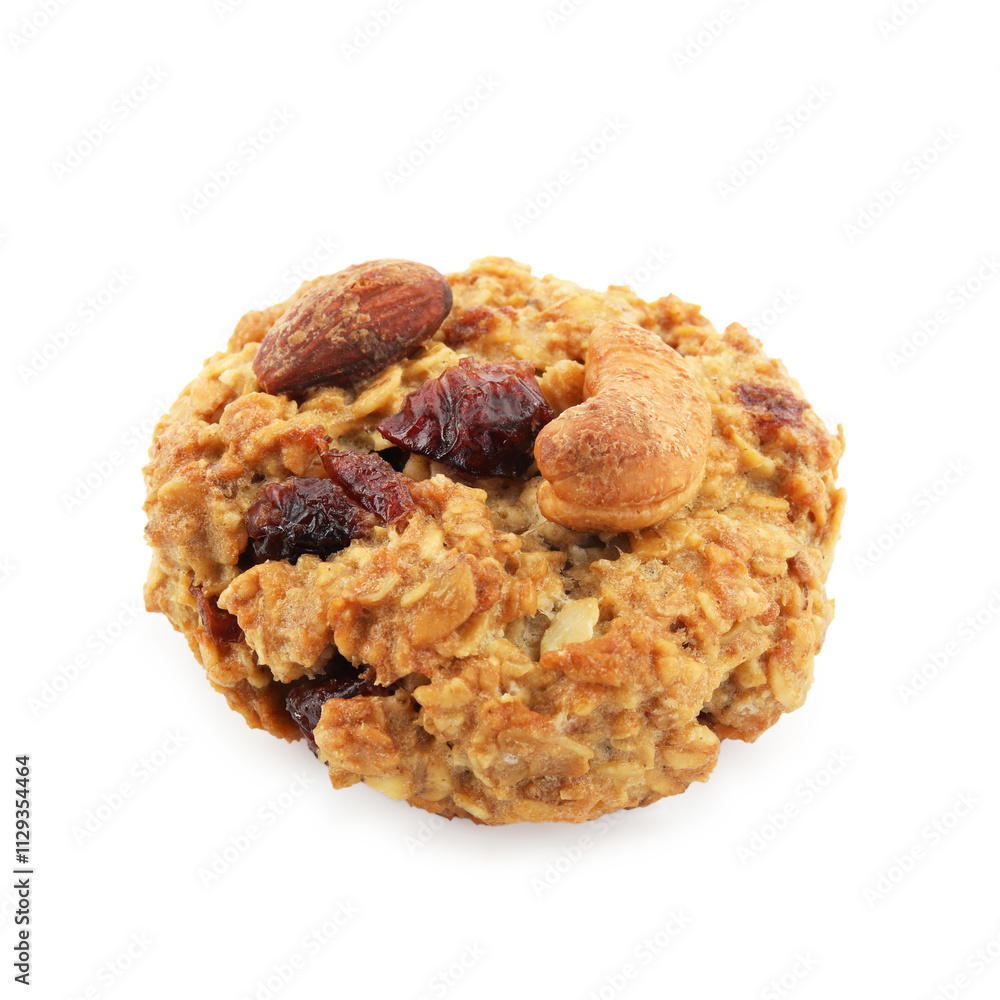 One delicious oatmeal cookie with dried cranberries and nuts isolated on white One delicious oatmeal cookie with dried cranberries and nuts isolated on white