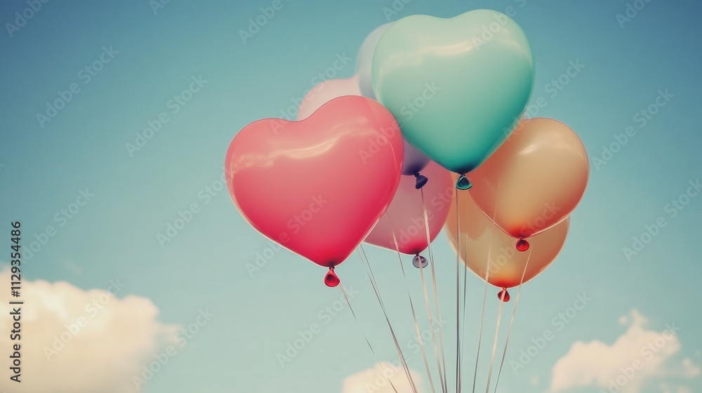 A heart-shaped balloon bouquet floating against a blue sky A heart-shaped balloon bouquet floating against a blue sky
