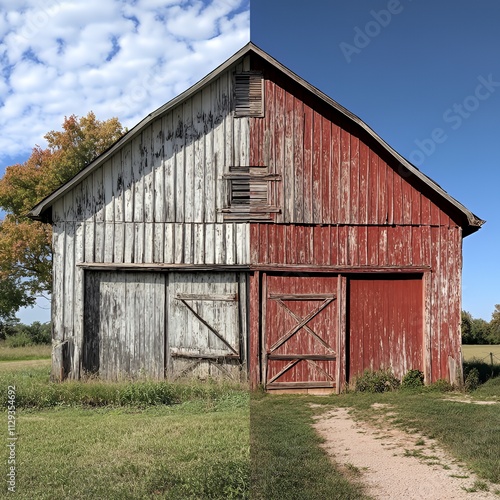 Comparison of a decayed barn with weathered wood restored