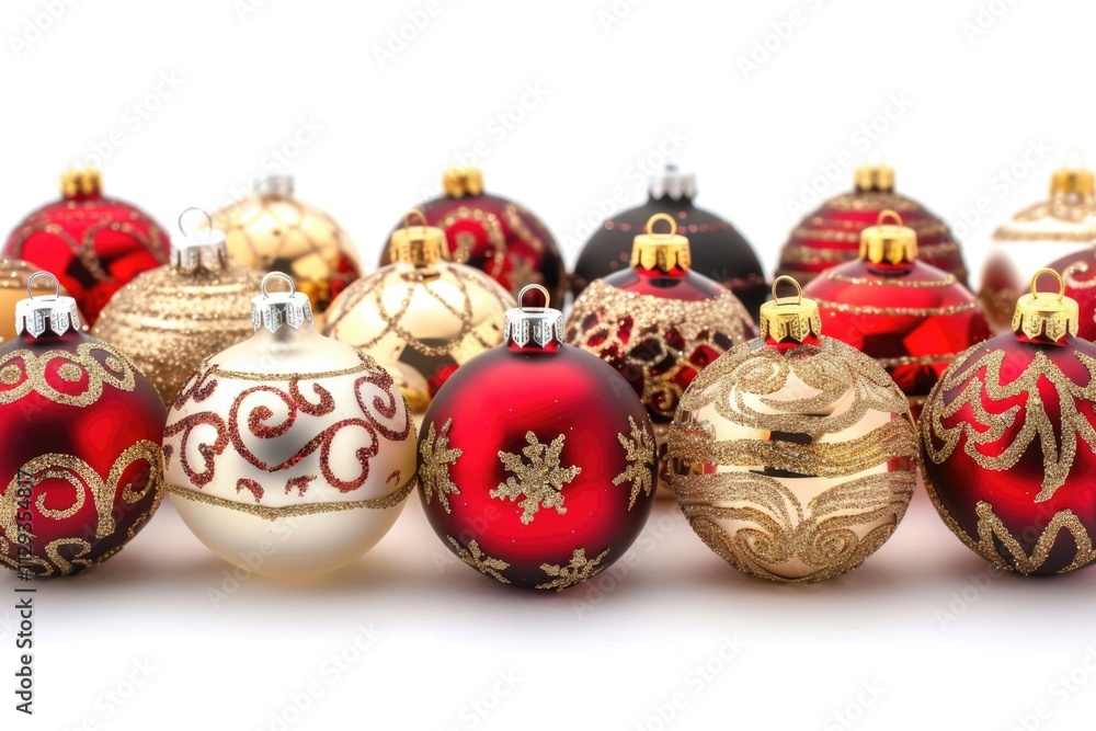 A cluster of red and gold Christmas ornaments hanging from a branch A cluster of red and gold Christmas ornaments hanging from a branch