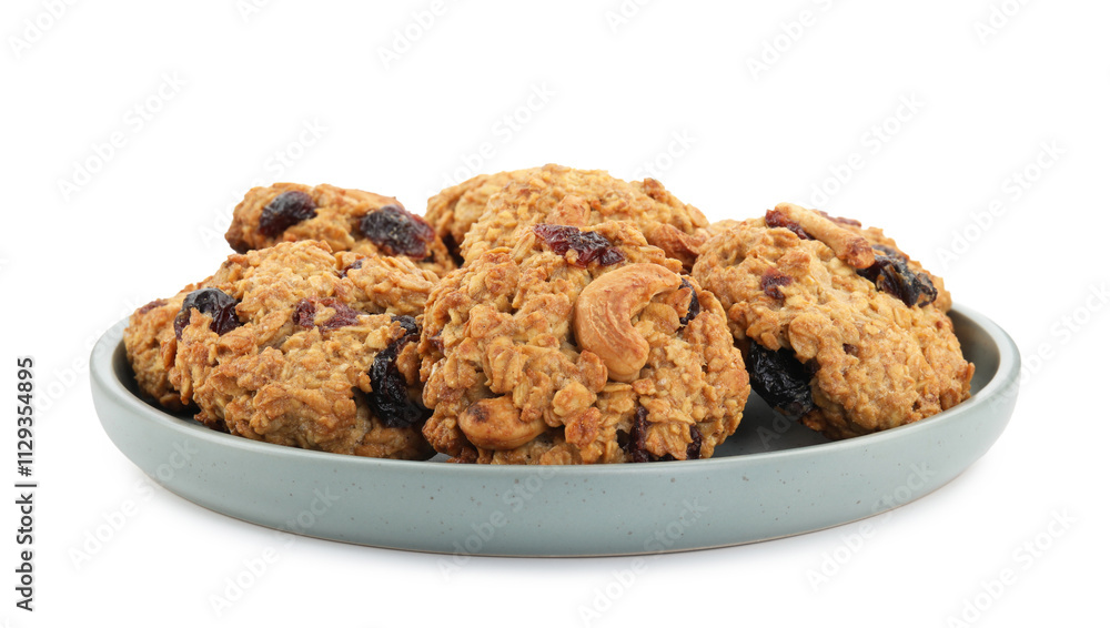 Delicious oatmeal cookies with dried cranberries and nuts isolated on white Delicious oatmeal cookies with dried cranberries and nuts isolated on white