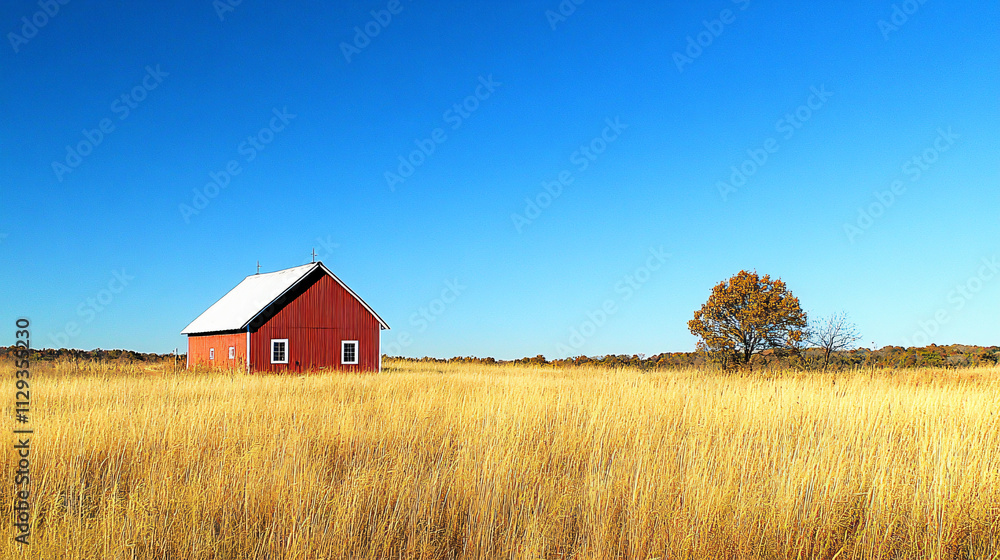 A quaint red barn with white trim, nestled in a field of tall golden grass under a clear blue sky. A quaint red barn with white trim, nestled in a field of tall golden grass under a clear blue sky.