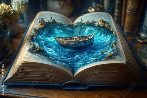 An open book with a unique boat sitting in the middle, great for creative illustrations and storytelling concepts