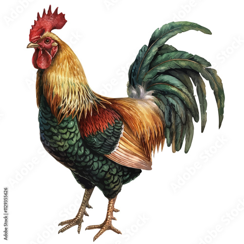 A watercolor painting of a rooster, isolated on a white background. Rooster vector.