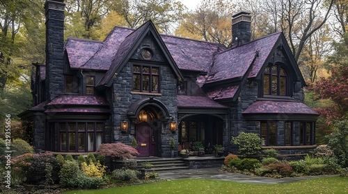 A large house with a purple roof and a red door