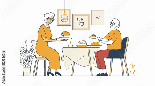 Caring for Elderly: Doodle Drawing of Caregiver Serving Meals to Seniors