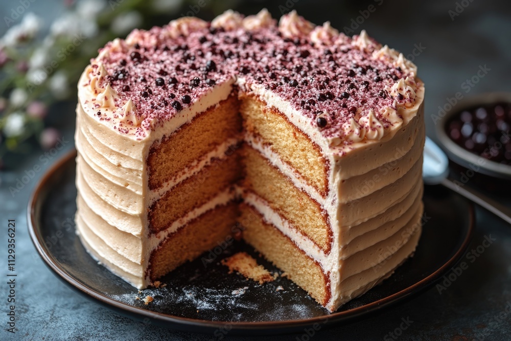 A picture of a cake with a slice removed, perfect for use in food or party related contexts A picture of a cake with a slice removed, perfect for use in food or party related contexts