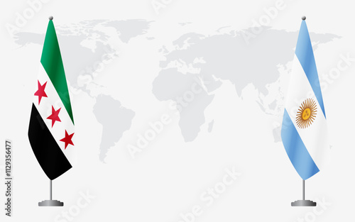 Syrian Revolution and Argentina flags for official meeting against background of world map.