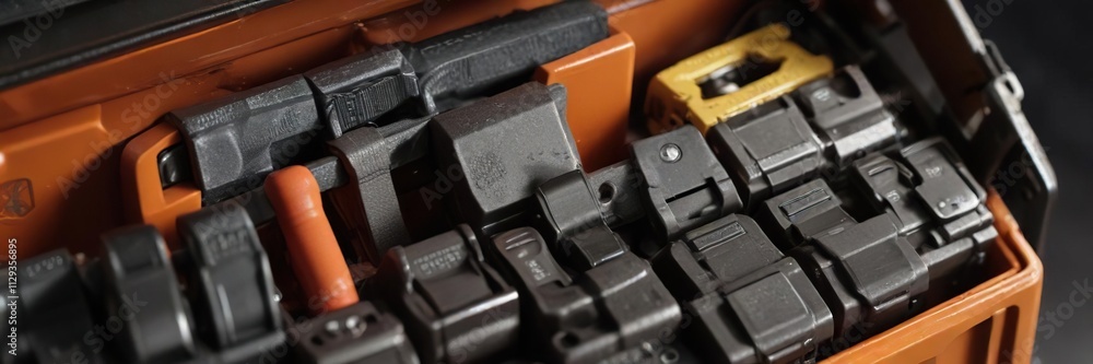 A toolbox attached to the belt loop of a utility belt, tape measure, ratchet A toolbox attached to the belt loop of a utility belt, tape measure, ratchet