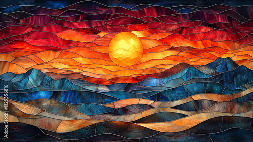 Serene Stained Glass Desert Scene with Glowing Sand Dunes and Fiery Sunset
