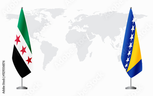 Syrian Revolution and Bosnia and Herzegovina flags for official meeting against background of world map.