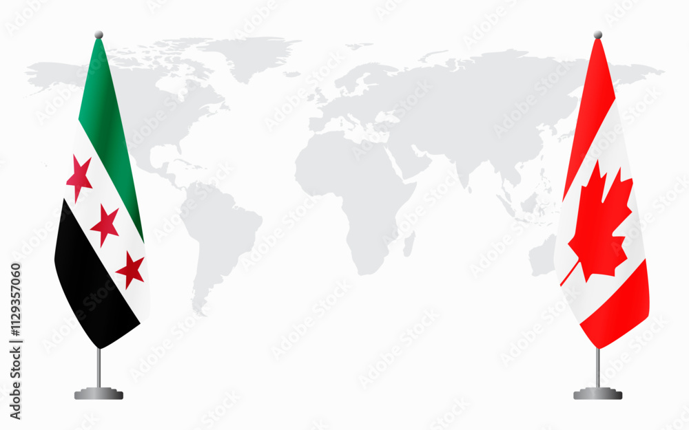 Obraz premium Syrian Revolution and Canada flags for official meeting against background of world map.
