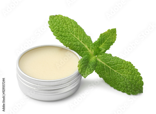 Mint lip balm and green leaves isolated on white. Cosmetic product photo