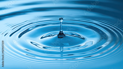 Water Droplet Creating Concentric Ripples on Surface, Central Reflection, Circular Pattern of Ripples, Serene Blue Color Palette, Calming and Peaceful Ambiance