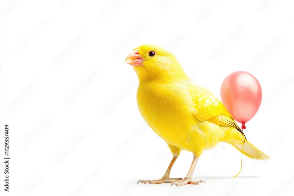 A small yellow bird perched next to a bright red balloon, ready for takeoff A small yellow bird perched next to a bright red balloon, ready for takeoff