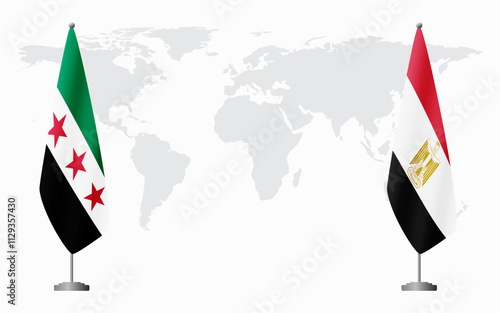 Syrian Revolution and Egypt flags for official meeting against background of world map.