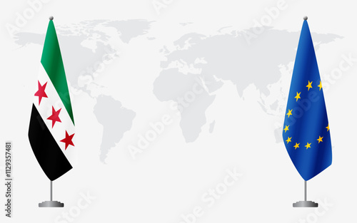 Syrian Revolution and European Union flags for official meeting against background of world map.