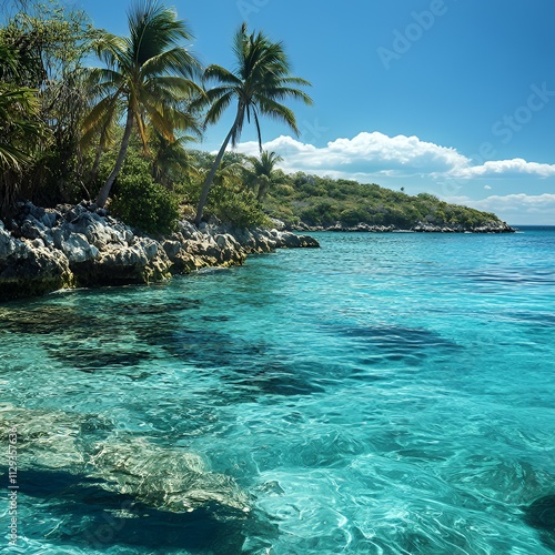 Turquoise water with palm trees swaying under the sun