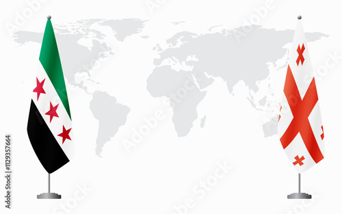 Syrian Revolution and Georgia flags for official meeting against background of world map.