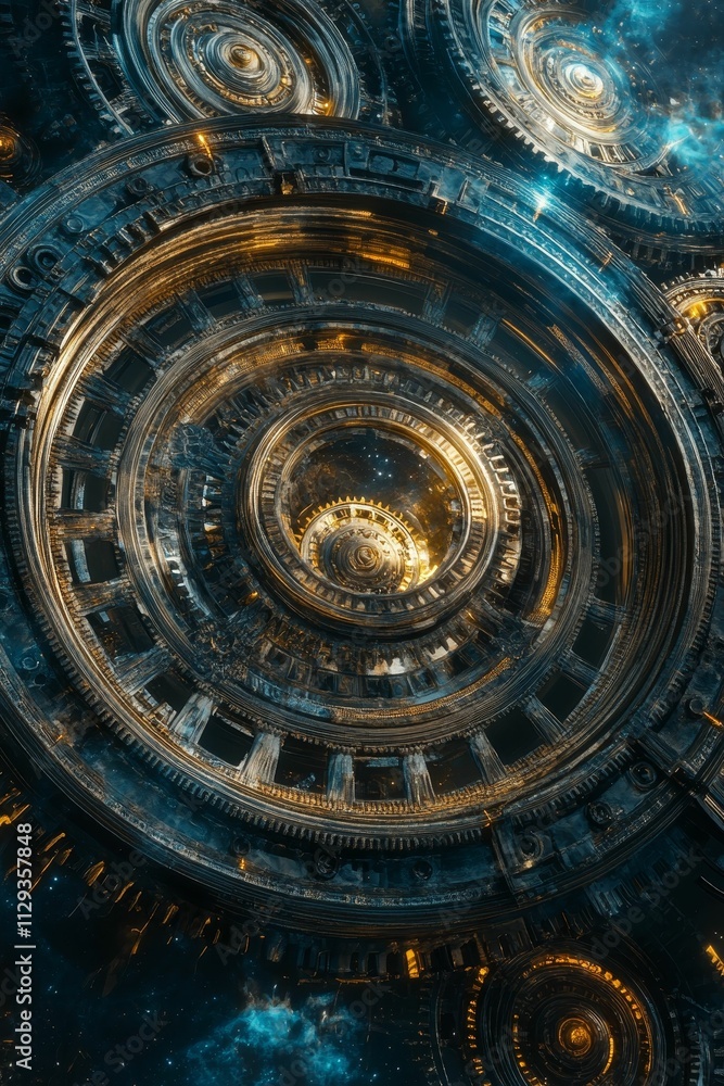 Intricate metallic structure, concentric circles, cosmic backdrop. Intricate metallic structure, concentric circles, cosmic backdrop.
