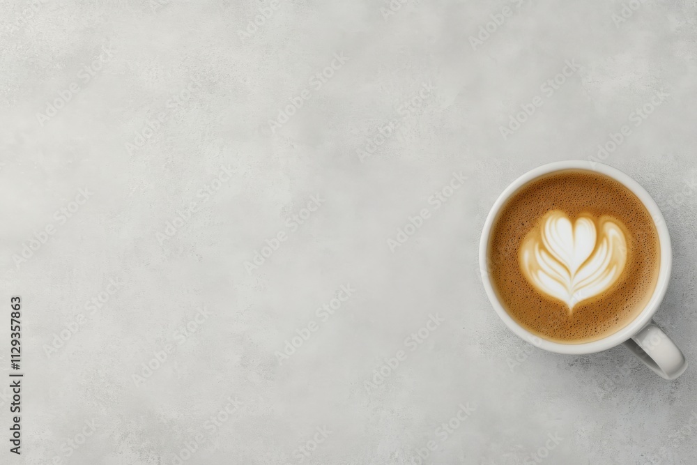 Creamy coffee with heart shaped latte art served in a white cup on a light surface Creamy coffee with heart shaped latte art served in a white cup on a light surface