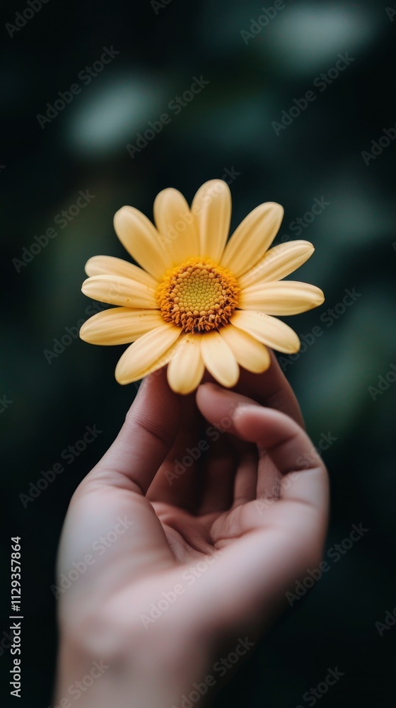 Hand holding a vibrant yellow flower against a dark background in a calming setting Hand holding a vibrant yellow flower against a dark background in a calming setting
