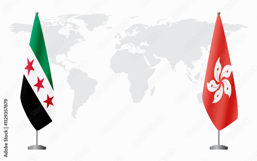 Obraz premium Syrian Revolution and Hong Kong flags for official meeting against background of world map.