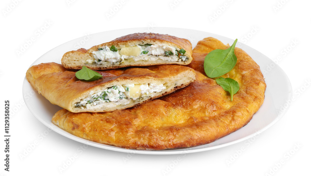 Tasty calzones with cheese and basil isolated on white Tasty calzones with cheese and basil isolated on white